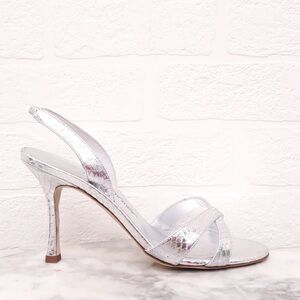 Manolo Blahnik Callasli Metallic Snake-Embossed Leather Sandals Heels Silver 38